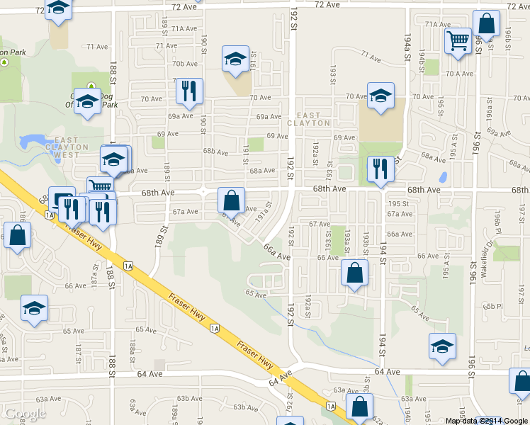 map of restaurants, bars, coffee shops, grocery stores, and more near 6746 191A Street in Surrey