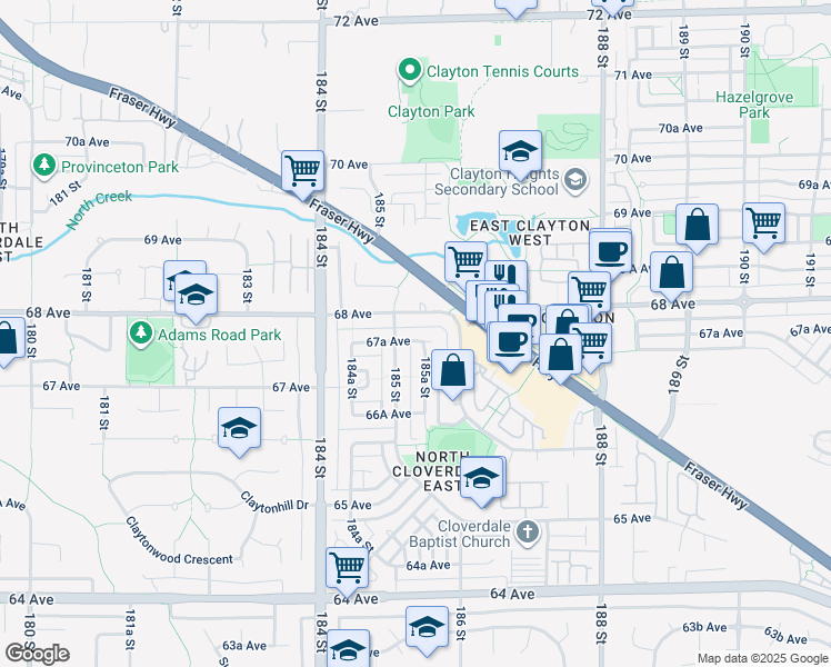 map of restaurants, bars, coffee shops, grocery stores, and more near 18529 67A Avenue in Surrey