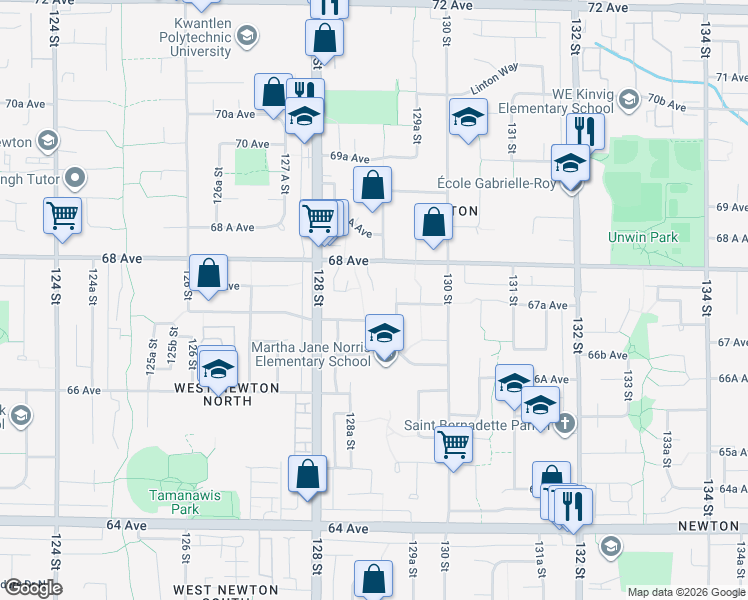 map of restaurants, bars, coffee shops, grocery stores, and more near 6738 128B Street in Surrey