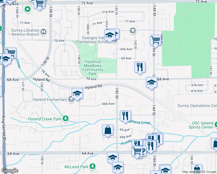 map of restaurants, bars, coffee shops, grocery stores, and more near 14158 Hyland Road in Surrey