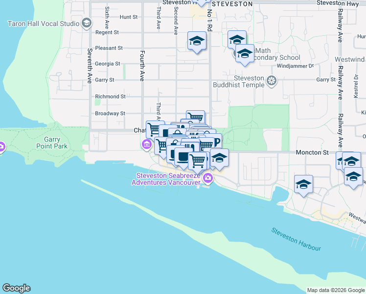 map of restaurants, bars, coffee shops, grocery stores, and more near 3711 Moncton Street in Richmond