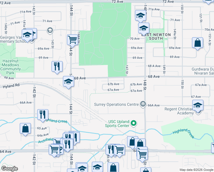map of restaurants, bars, coffee shops, grocery stores, and more near 14598 67B Avenue in Surrey