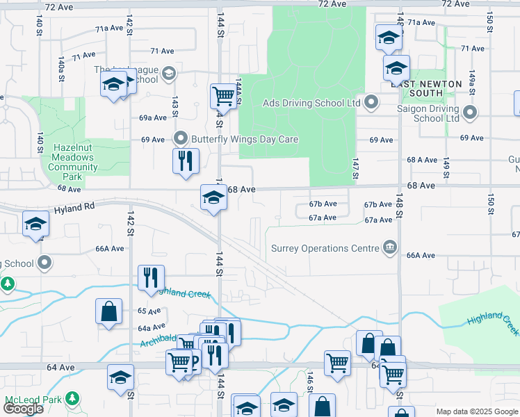 map of restaurants, bars, coffee shops, grocery stores, and more near 14490 67B Avenue in Surrey