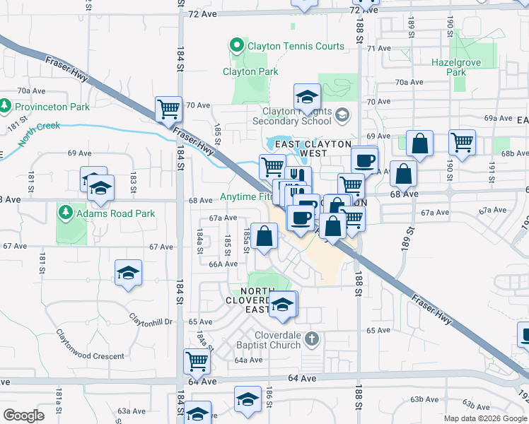map of restaurants, bars, coffee shops, grocery stores, and more near 6779 186 Street in Surrey