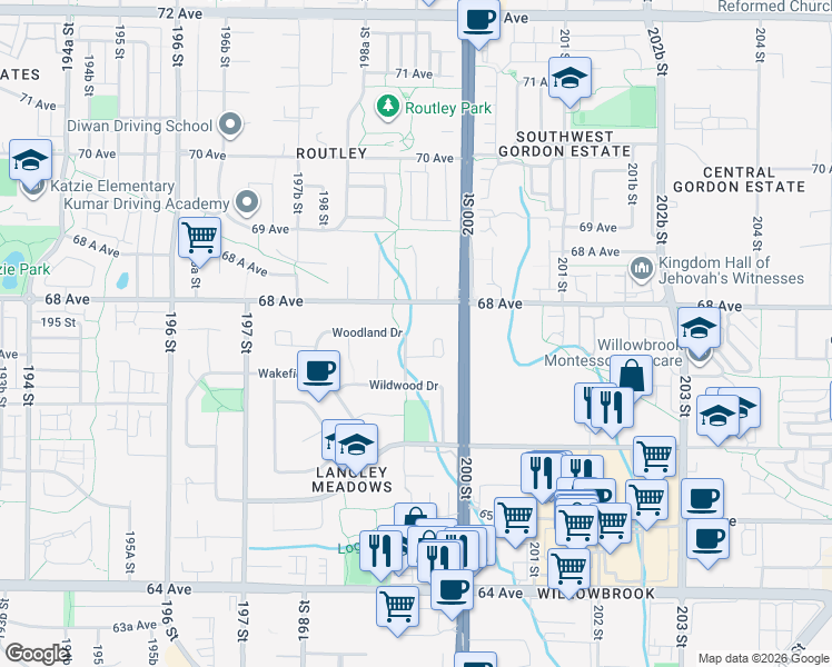 map of restaurants, bars, coffee shops, grocery stores, and more near 2872 Woodland Drive in Langley Township