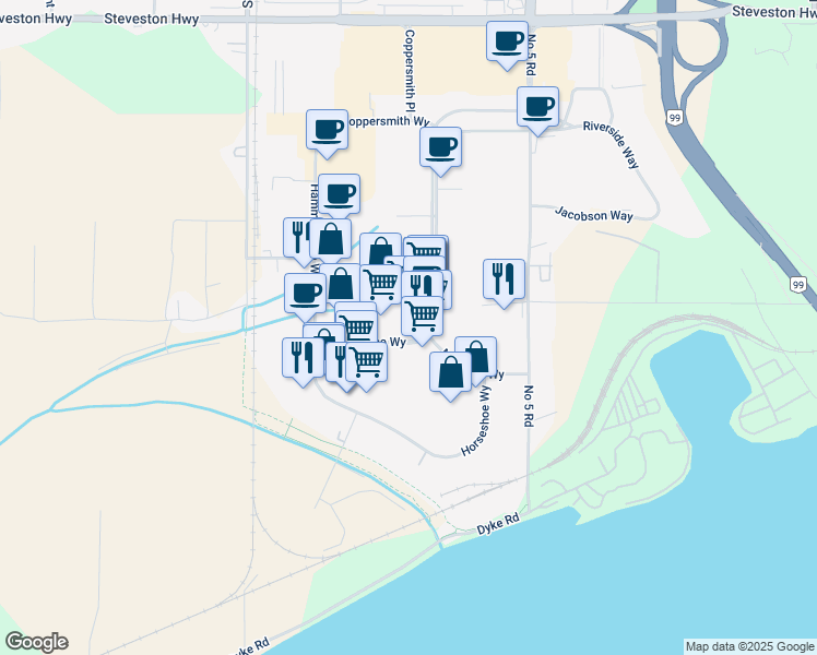 map of restaurants, bars, coffee shops, grocery stores, and more near 12148 Horseshoe Way in Richmond