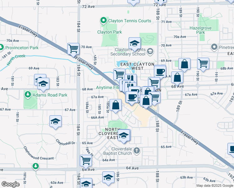 map of restaurants, bars, coffee shops, grocery stores, and more near in Surrey