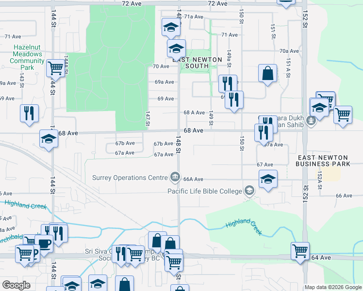 map of restaurants, bars, coffee shops, grocery stores, and more near 6758 148 Street in Surrey