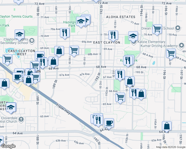 map of restaurants, bars, coffee shops, grocery stores, and more near 6750 191A Street in Surrey