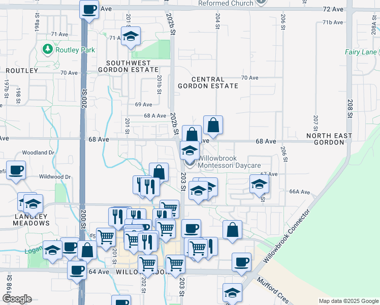 map of restaurants, bars, coffee shops, grocery stores, and more near 20326 68 Avenue in Langley Township