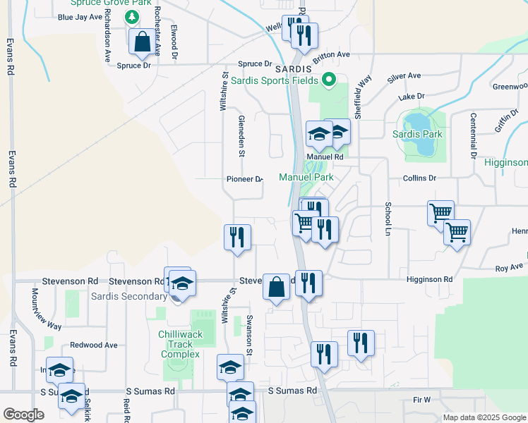 map of restaurants, bars, coffee shops, grocery stores, and more near 45605 Worthington Place in Chilliwack