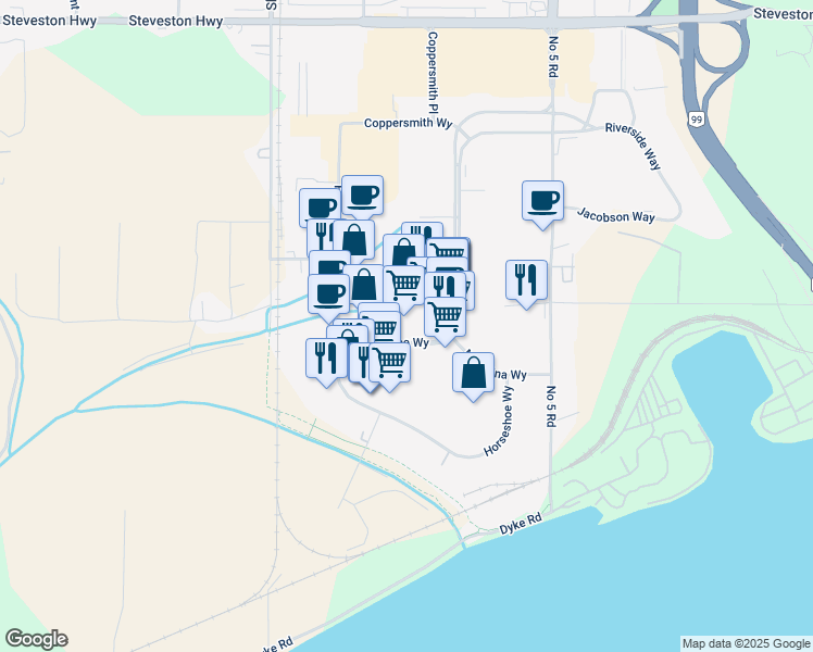 map of restaurants, bars, coffee shops, grocery stores, and more near 12148 Horseshoe Way in Richmond