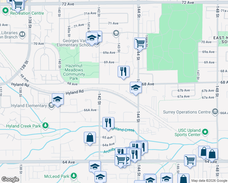 map of restaurants, bars, coffee shops, grocery stores, and more near in Surrey