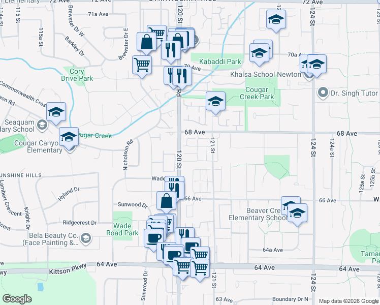 map of restaurants, bars, coffee shops, grocery stores, and more near 12040 68 Avenue in Surrey