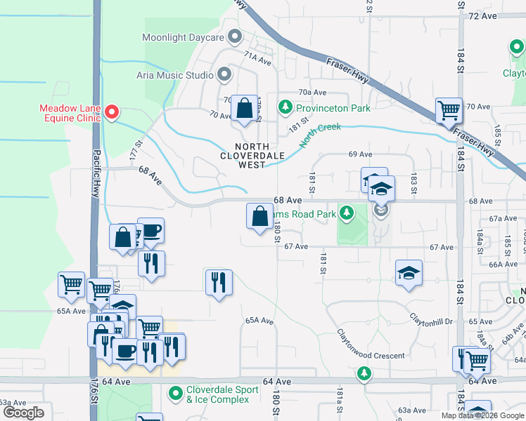 map of restaurants, bars, coffee shops, grocery stores, and more near 17968 68 Avenue in Surrey
