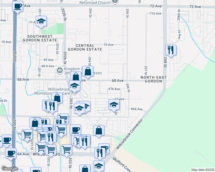 map of restaurants, bars, coffee shops, grocery stores, and more near 20465 67B Avenue in Langley