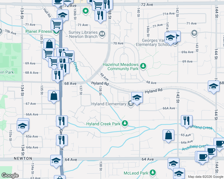 map of restaurants, bars, coffee shops, grocery stores, and more near in Surrey