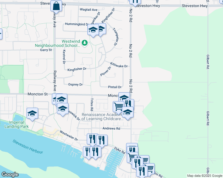 map of restaurants, bars, coffee shops, grocery stores, and more near 11800 Pintail Drive in Richmond
