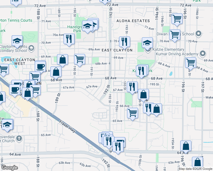 map of restaurants, bars, coffee shops, grocery stores, and more near 6779 192 Street in Surrey
