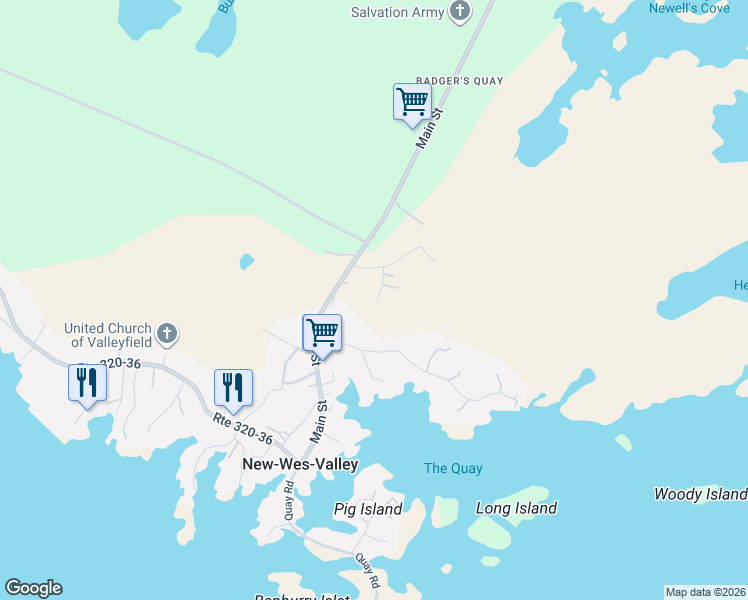 map of restaurants, bars, coffee shops, grocery stores, and more near 36 Hermit Cove Road in New-Wes-Valley
