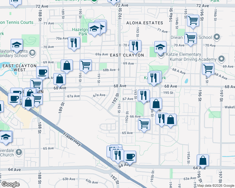 map of restaurants, bars, coffee shops, grocery stores, and more near in Surrey