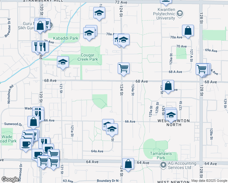 map of restaurants, bars, coffee shops, grocery stores, and more near 6748 123A Street in Surrey