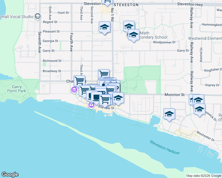 map of restaurants, bars, coffee shops, grocery stores, and more near 12231 Number 1 Road in Richmond