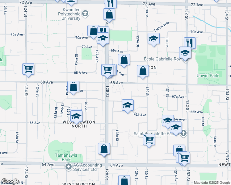map of restaurants, bars, coffee shops, grocery stores, and more near 18866 67B Avenue in Surrey