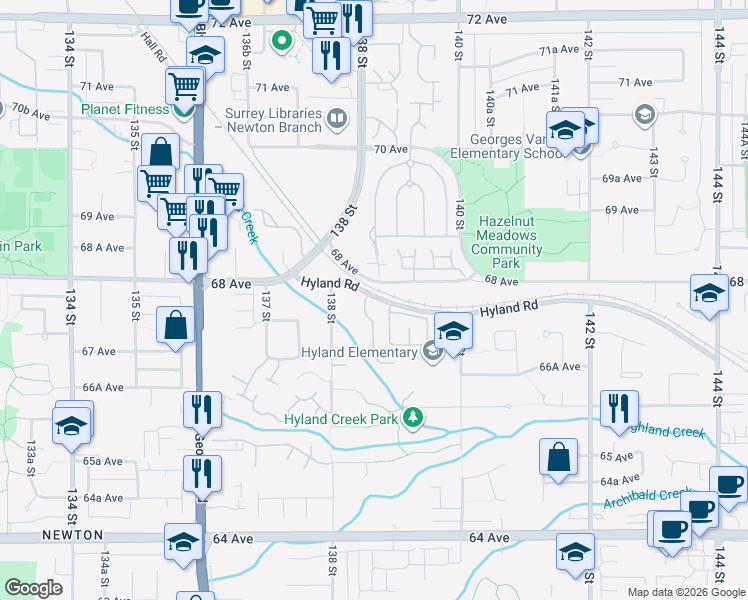 map of restaurants, bars, coffee shops, grocery stores, and more near in Surrey