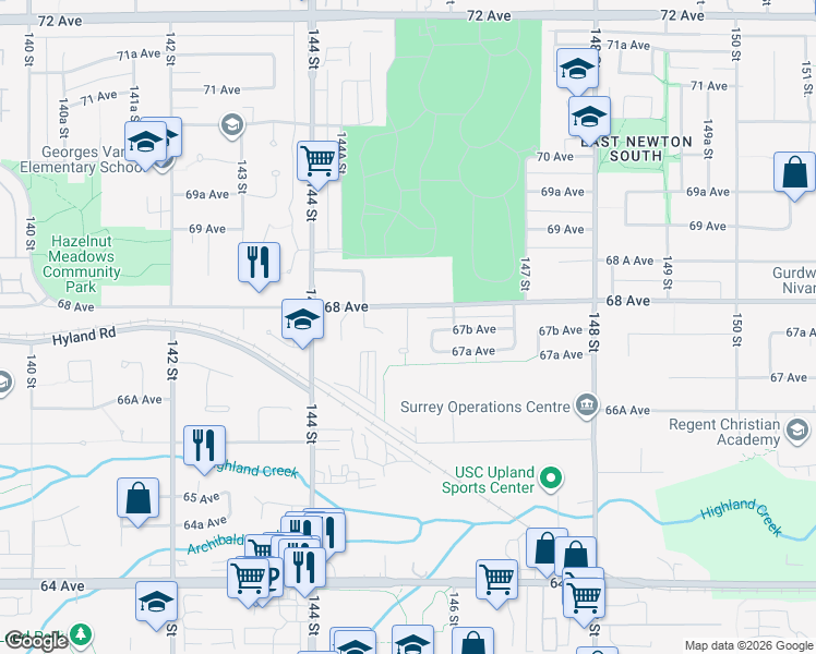 map of restaurants, bars, coffee shops, grocery stores, and more near 6761 145A Street in Surrey