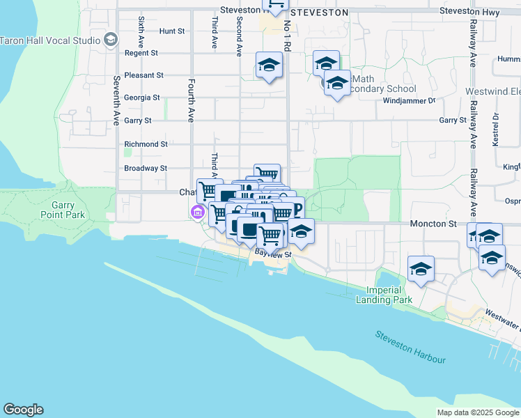 map of restaurants, bars, coffee shops, grocery stores, and more near 12115 First Avenue in Richmond
