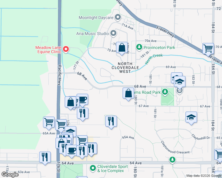 map of restaurants, bars, coffee shops, grocery stores, and more near 17882 68 Avenue in Surrey