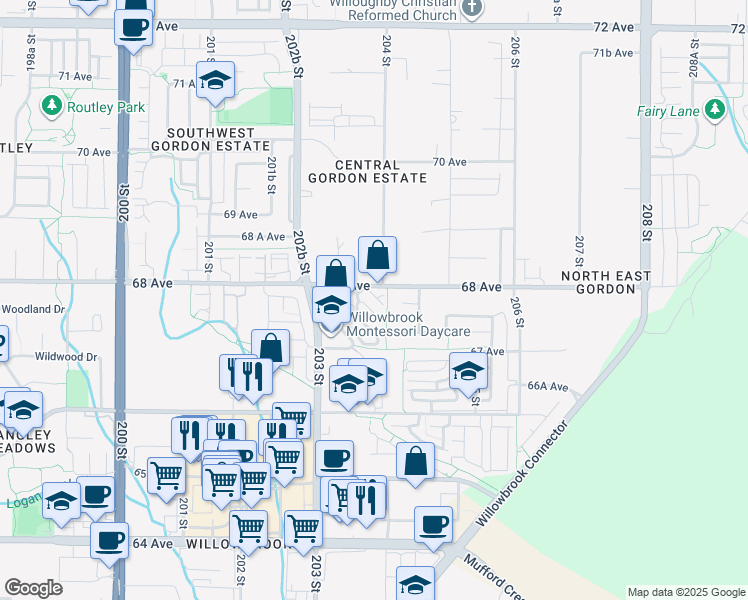map of restaurants, bars, coffee shops, grocery stores, and more near 20350 68 Avenue in Langley Township