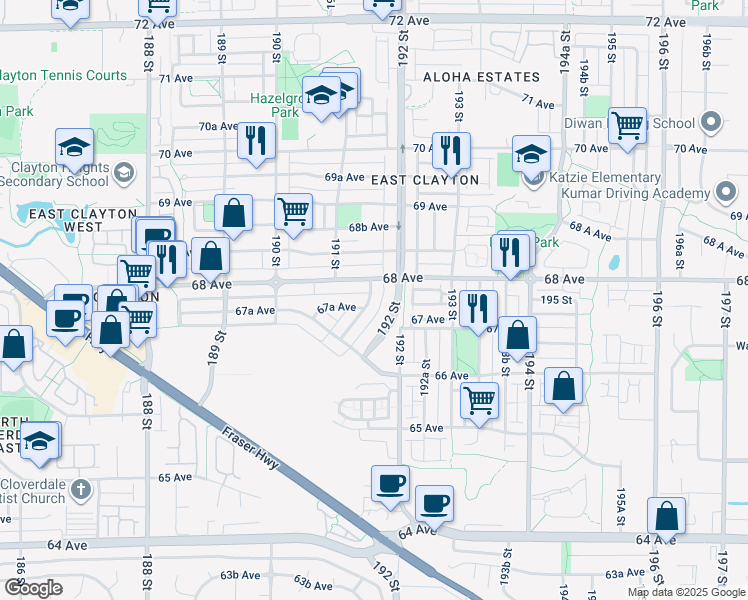map of restaurants, bars, coffee shops, grocery stores, and more near 6768 191A Street in Surrey