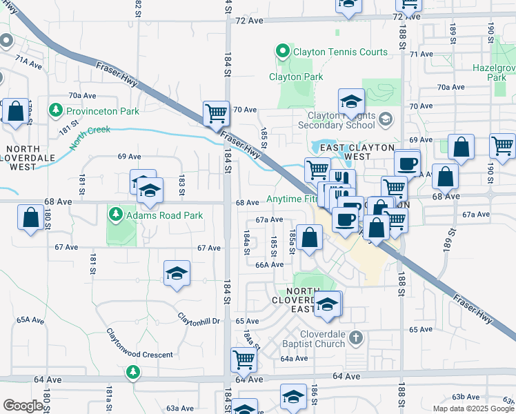 map of restaurants, bars, coffee shops, grocery stores, and more near 18456 68 Avenue in Surrey
