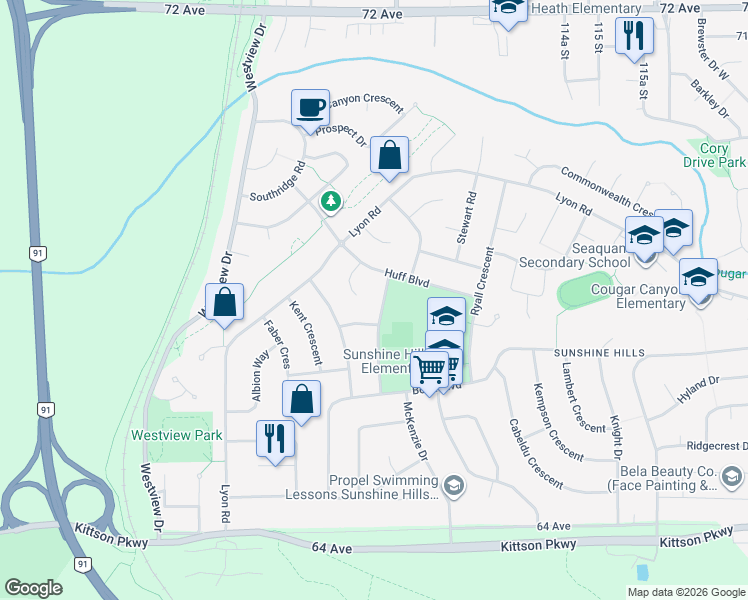 map of restaurants, bars, coffee shops, grocery stores, and more near 6759 Carncross Crescent in Delta