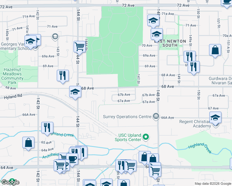 map of restaurants, bars, coffee shops, grocery stores, and more near 14599 67B Avenue in Surrey