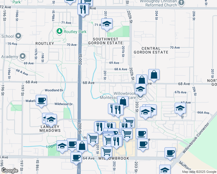 map of restaurants, bars, coffee shops, grocery stores, and more near 20176 68 Avenue in Langley Township