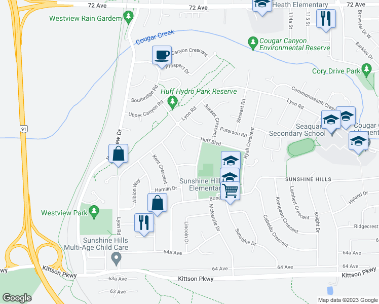 map of restaurants, bars, coffee shops, grocery stores, and more near 11146 May Place in Delta