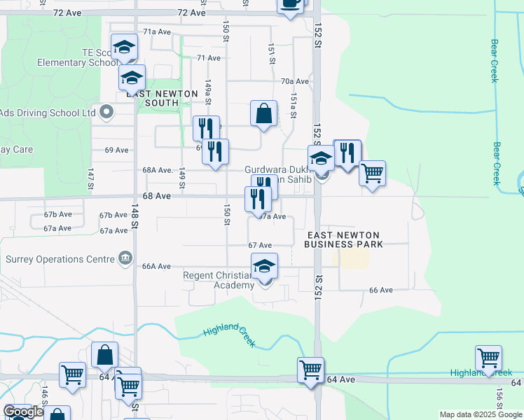 map of restaurants, bars, coffee shops, grocery stores, and more near 15079 67A Avenue in Surrey