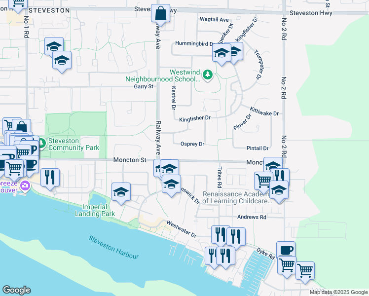 map of restaurants, bars, coffee shops, grocery stores, and more near 12146 Osprey Drive in Richmond