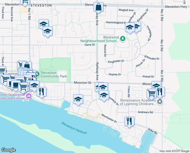 map of restaurants, bars, coffee shops, grocery stores, and more near 11851 Railway Avenue in Richmond