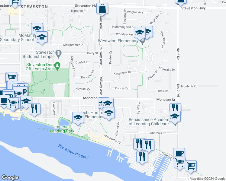 map of restaurants, bars, coffee shops, grocery stores, and more near 12180 Osprey Drive in Richmond