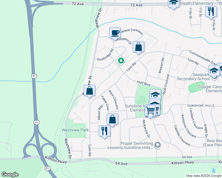 map of restaurants, bars, coffee shops, grocery stores, and more near 6740 Kent Crescent in Delta