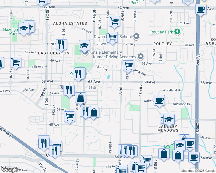 map of restaurants, bars, coffee shops, grocery stores, and more near 19560 68 Avenue in Langley
