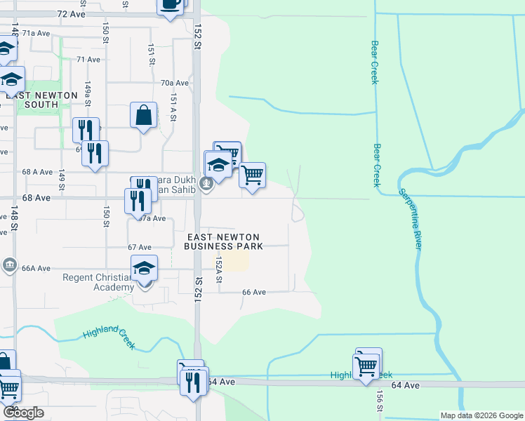 map of restaurants, bars, coffee shops, grocery stores, and more near 15354 68 Avenue in Surrey