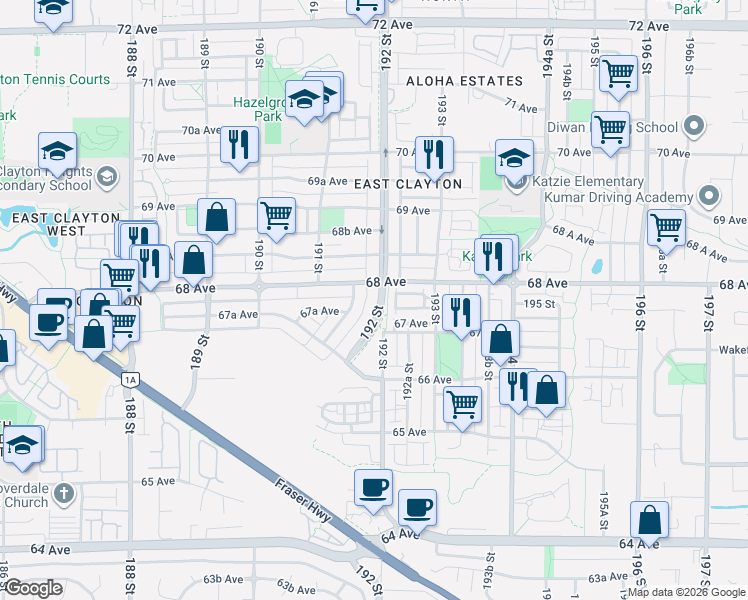map of restaurants, bars, coffee shops, grocery stores, and more near 6789 192 Street in Surrey