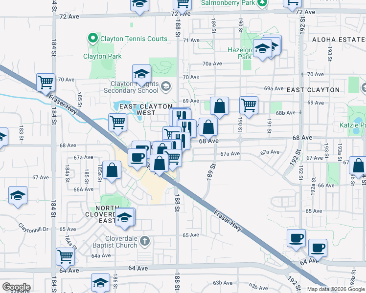 map of restaurants, bars, coffee shops, grocery stores, and more near 18818 68 Avenue in Surrey