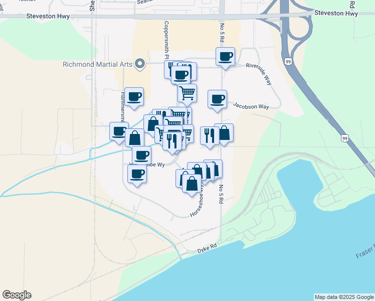 map of restaurants, bars, coffee shops, grocery stores, and more near 12040 Horseshoe Way in Richmond