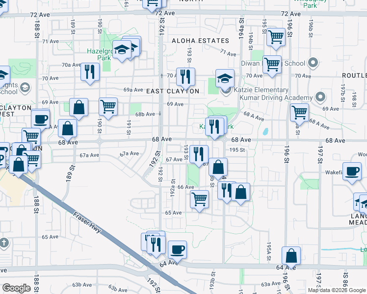 map of restaurants, bars, coffee shops, grocery stores, and more near 6785 193 Street in Surrey